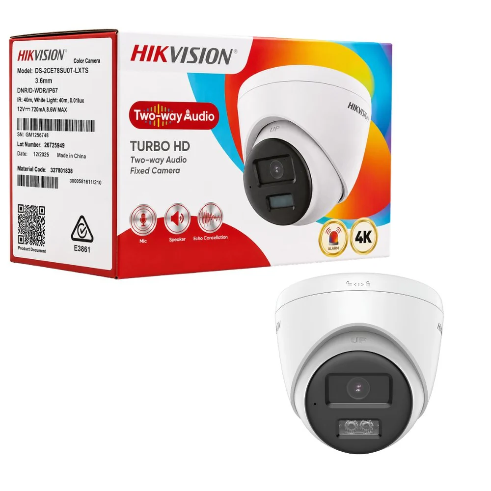 HIKVISION 4K DS-2CE78U0T-LXTS صوت ثنائي الاتجاه وصفارة إنذار 3.6 مم